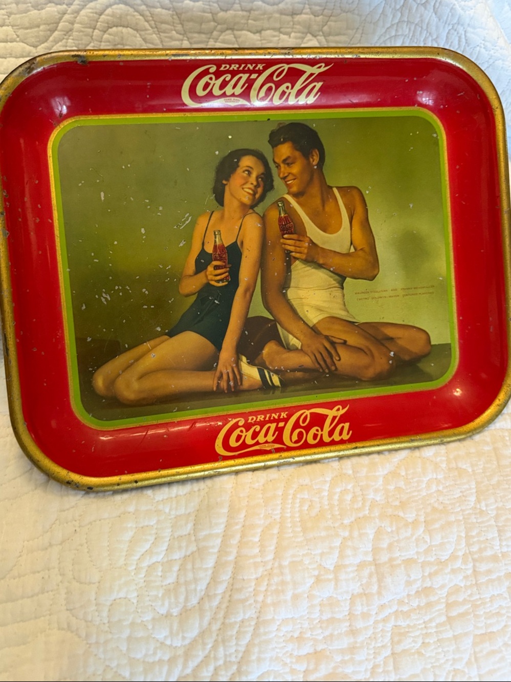Coca-Cola Retro Metal Tray with Red Border and Green Center Art
